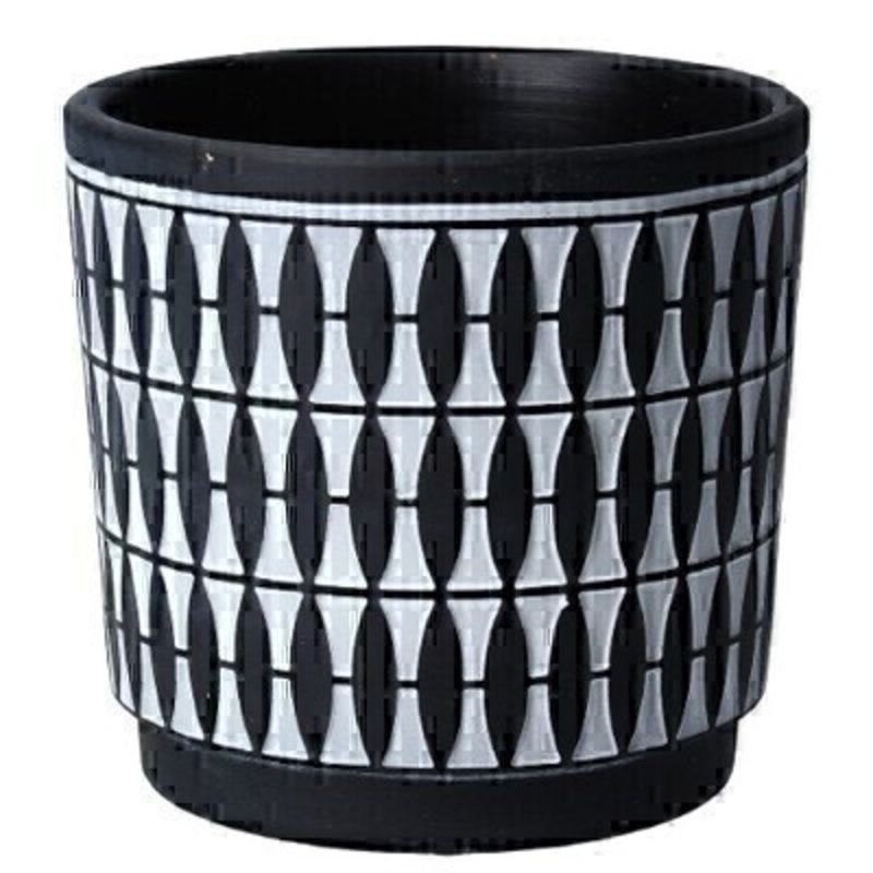 Black Geo Painted Terracotta Pot Cover By Gisela Graham This black terracotta pot cover with a geometric design is made by the London based designer Gisela Graham who designs really beautiful gifts for your home and garden. It is suitable for an artifical or real plant. Great to show off your plants and would make an ideal gift for a gardener or someone who likes plants. Also available in other colours.